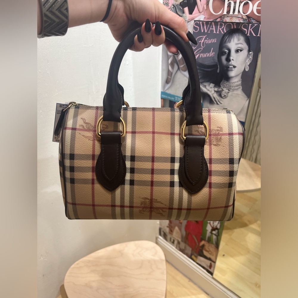 Burberry Beige Plaid Top-Handle Satchel with Dark Brown Trim - Picture 1 of 10